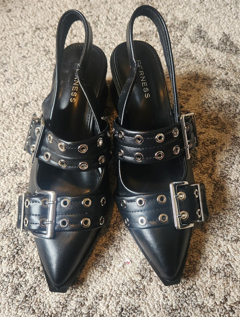 Berness Adrianna Black Slingback Pointed-Toe Buckle Heels